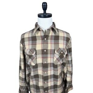 Vintage Sears Men XL Plaid Flannel Shirt Brown Tan Acrylic Long Sleeve Button Up
